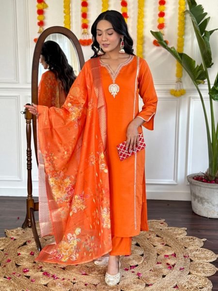 New Orange Designer Kurta Set with Embroidery and Silk Dupatta   Straight Cut Long Kurtis