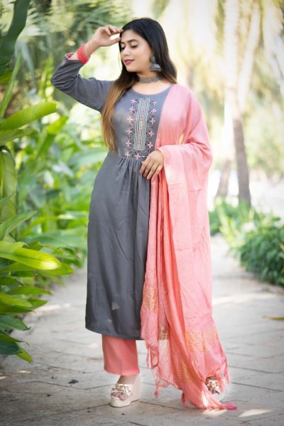  NEW REYON SLUB KURTI SET WITH DUPATTA Embroidery Kurtis 