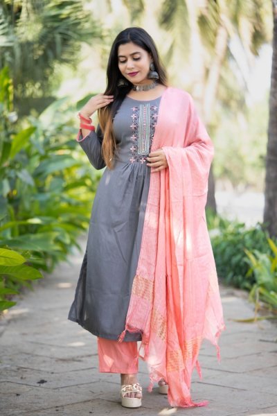  NEW REYON SLUB KURTI SET WITH DUPATTA Embroidery Kurtis 