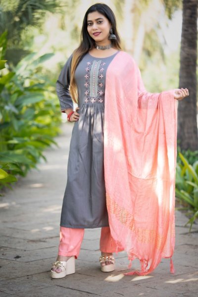  NEW REYON SLUB KURTI SET WITH DUPATTA Embroidery Kurtis 