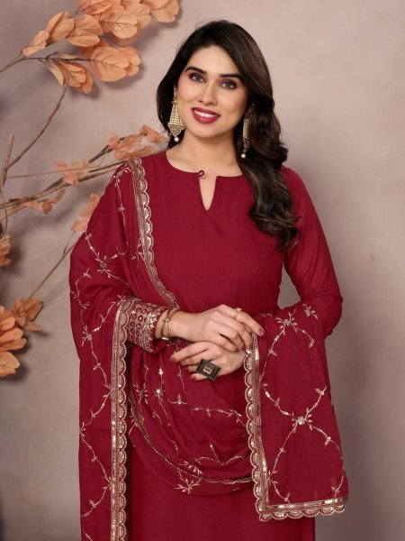 New Salwar Suit 2025: Maroon Embroidery Kurti with Dupatta and Pant for Festive Wear  Ready To Wear Suit