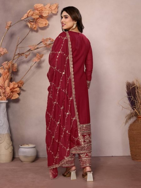 New Salwar Suit 2025: Maroon Embroidery Kurti with Dupatta and Pant for Festive Wear  Ready To Wear Collection