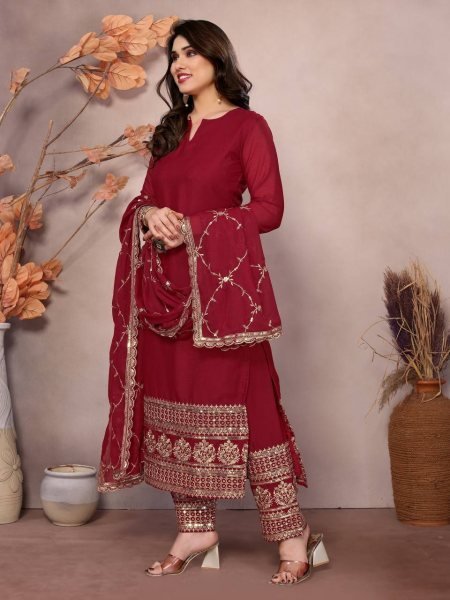 New Salwar Suit 2025: Maroon Embroidery Kurti with Dupatta and Pant for Festive Wear  Ready To Wear Collection