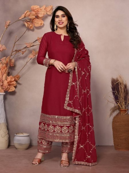 New Salwar Suit 2025: Maroon Embroidery Kurti with Dupatta and Pant for Festive Wear  Ready To Wear Collection