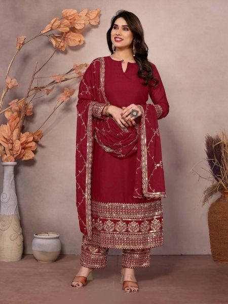 New Salwar Suit 2025: Maroon Embroidery Kurti with Dupatta and Pant for Festive Wear  Ready To Wear Collection