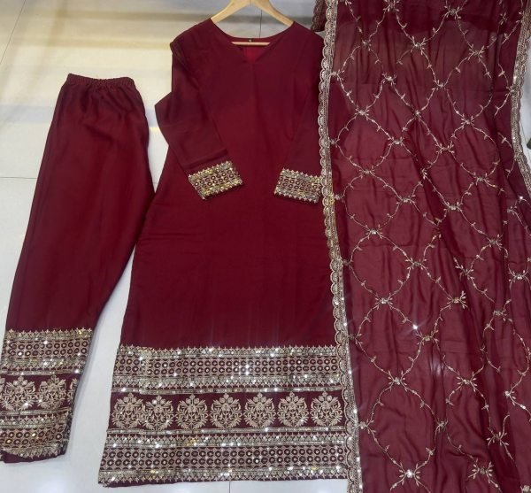 New Salwar Suit 2025: Maroon Embroidery Kurti with Dupatta and Pant for Festive Wear  Ready To Wear Collection