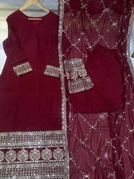 New Salwar Suit 2025: Maroon Embroidery Kurti with Dupatta and Pant for Festive Wear  Ready To Wear Collection