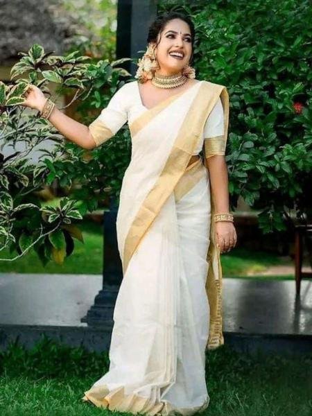 New South Indian Soft Cotton White Saree with Golden Double-Side Border Sarees 