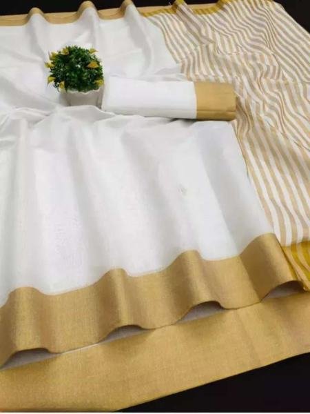 New South Indian Soft Cotton White Saree with Golden Double-Side Border Cotton Sarees Wholesale