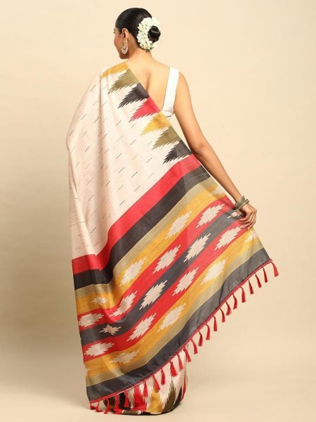 New Style Handloom Tussar Silk Saree Temple Design Digital Print with Tassel Pallu Surat Wholesaler Exporter Silk Sarees Wholesale