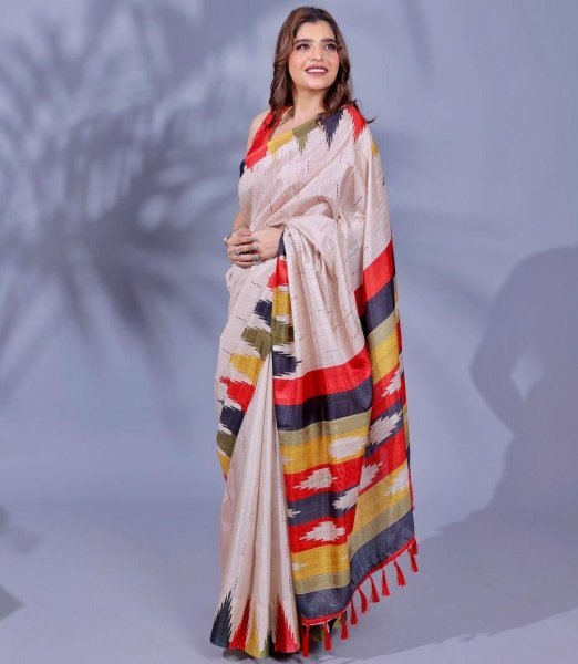 New Style Handloom Tussar Silk Saree Temple Design Digital Print with Tassel Pallu Surat Wholesaler Exporter Silk Sarees Wholesale