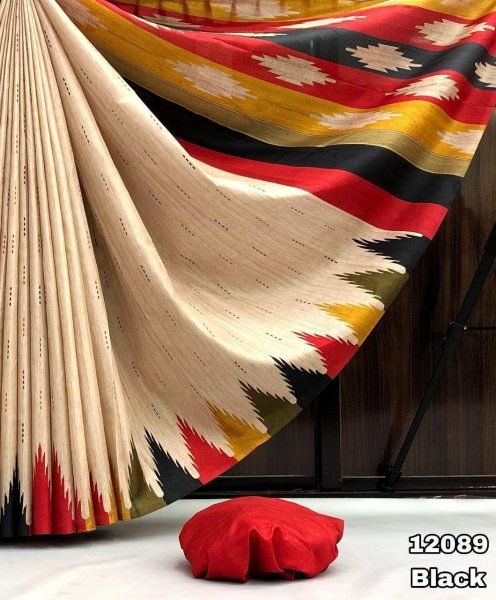 New Style Handloom Tussar Silk Saree Temple Design Digital Print with Tassel Pallu Surat Wholesaler Exporter Silk Sarees Wholesale