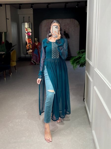 New Stylish Georgette Kurti With Embroidery   Sequence Work Georgette Kurti 
