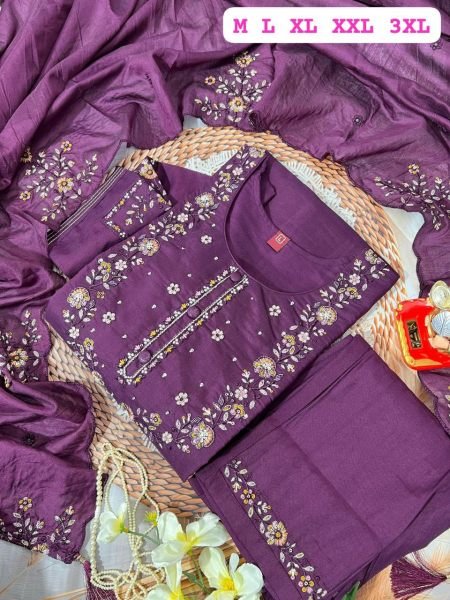 New Super Trending Muslin Hand Work Kurti Pant Set 3 Piece Kurti Set