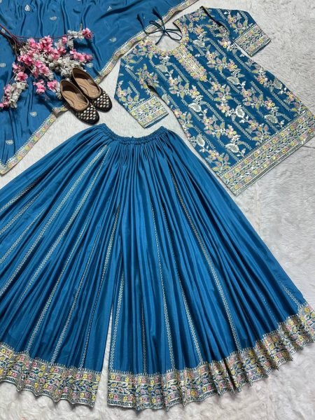 New Traditional Collection 3 Piece Fancy Kurti With Plazzo And Beautiful Dupatta Ready To Wear Collection