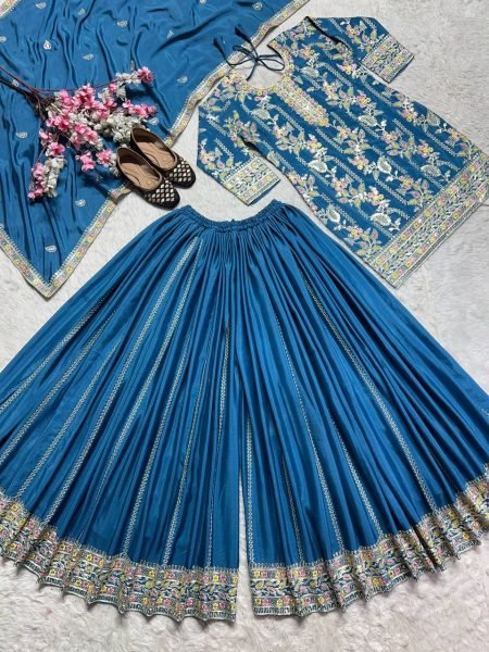 New Traditional Collection 3 Piece Fancy Kurti With Plazzo And Beautiful Dupatta Ready To Wear Collection