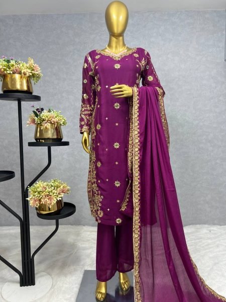 New Traditional Wear Chinon Silk With Embroidery Work Kurti Pant Dupatta  Ready To Wear Collection