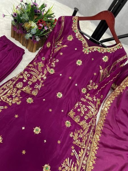 New Traditional Wear Chinon Silk With Embroidery Work Kurti Pant Dupatta  Ready To Wear Collection