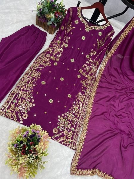 New Traditional Wear Chinon Silk With Embroidery Work Kurti Pant Dupatta  Ready To Wear Collection
