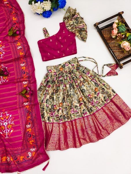 New Trending Zari Foil-Work Kalamkari Silk Stitched  Kids Girl Lahenga Choli  Girls Wear
