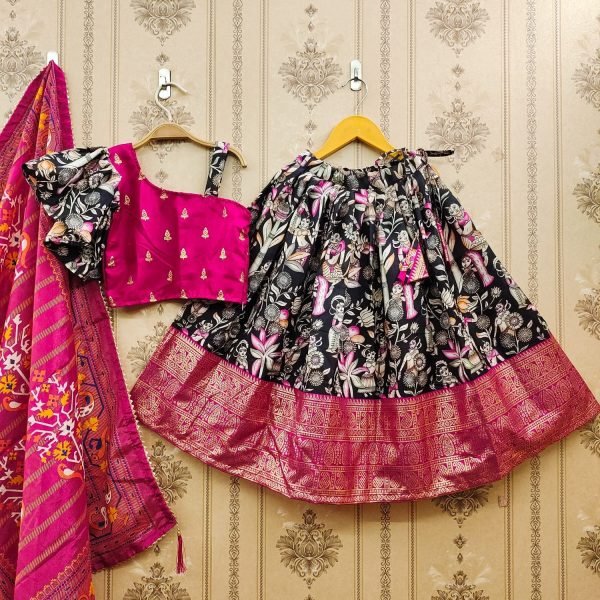New Trending Zari Foil-Work Kalamkari Silk Stitched  Kids Girl Lahenga Choli  Girls Wear