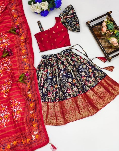 New Trending Zari Foil-Work Kalamkari Silk Stitched  Kids Girl Lahenga Choli  Girls Wear