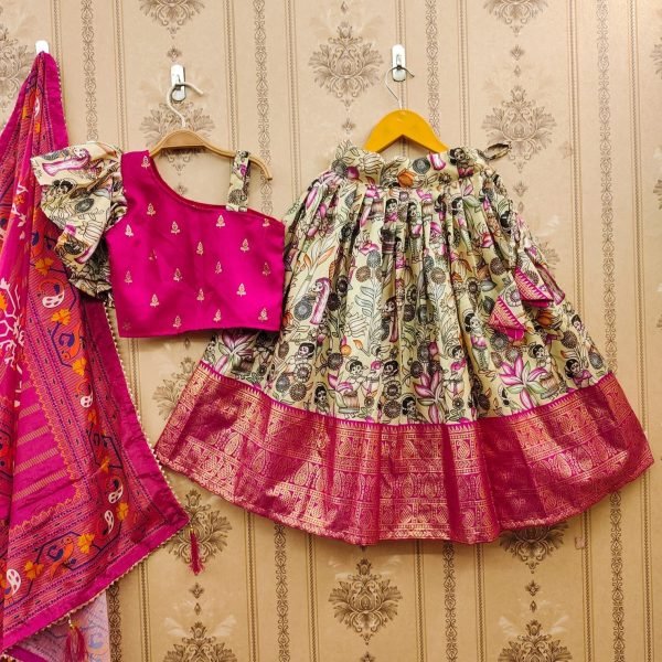 New Trending Zari Foil-Work Kalamkari Silk Stitched  Kids Girl Lahenga Choli  Girls Wear