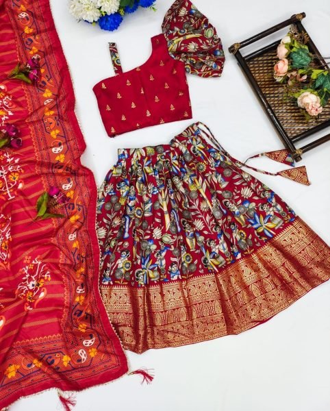 New Trending Zari Foil-Work Kalamkari Silk Stitched  Kids Girl Lahenga Choli  Girls Wear