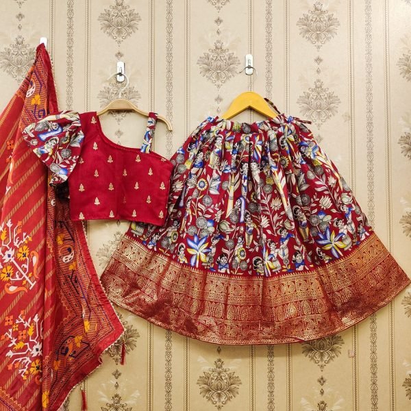 New Trending Zari Foil-Work Kalamkari Silk Stitched  Kids Girl Lahenga Choli  Girls Wear