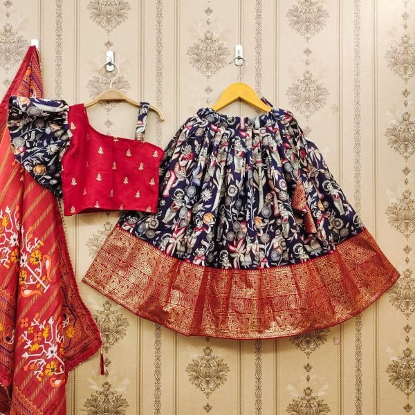 New Trending Zari Foil-Work Kalamkari Silk Stitched  Kids Girl Lahenga Choli  Girls Wear