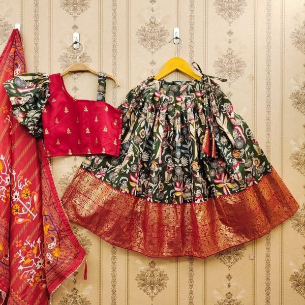 New Trending Zari Foil-Work Kalamkari Silk Stitched  Kids Girl Lahenga Choli  Girls Wear