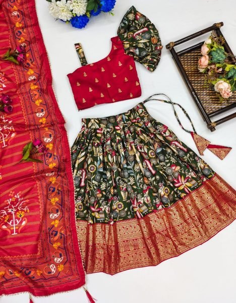New Trending Zari Foil-Work Kalamkari Silk Stitched  Kids Girl Lahenga Choli  Girls Wear