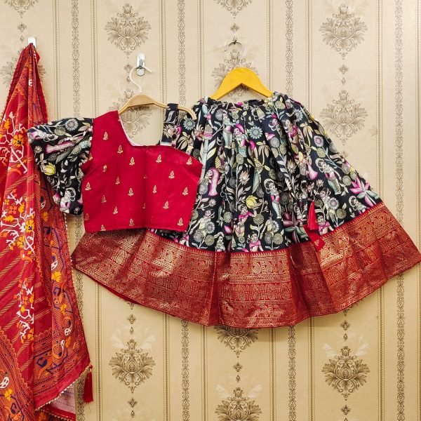 New Trending Zari Foil-Work Kalamkari Silk Stitched  Kids Girl Lahenga Choli  Girls Wear