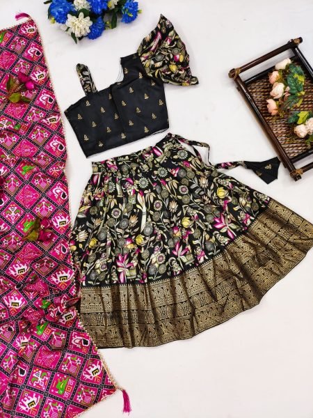 New Trending Zari Foil-Work Kalamkari Silk Stitched  Kids Girl Lahenga Choli  Girls Wear