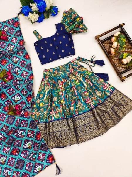 New Trending Zari Foil-Work Kalamkari Silk Stitched  Kids Girl Lahenga Choli  Girls Wear