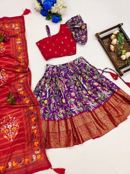 New Trending Zari Foil-Work Kalamkari Silk Stitched  Kids Girl Lahenga Choli  Girls Wear