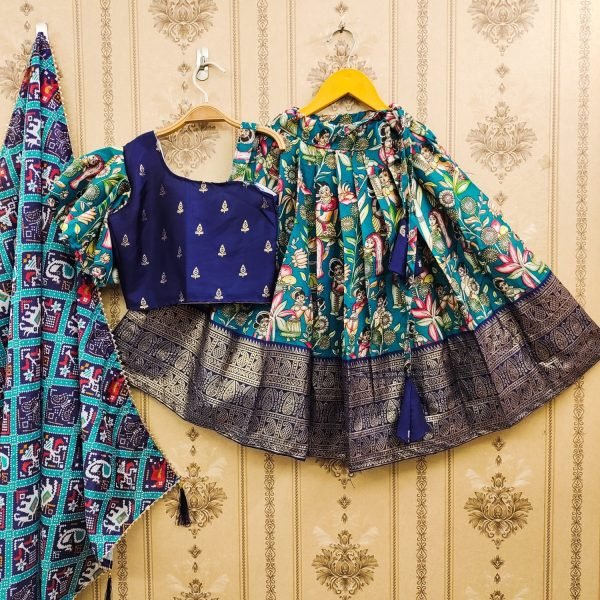 New Trending Zari Foil-Work Kalamkari Silk Stitched  Kids Girl Lahenga Choli  Girls Wear