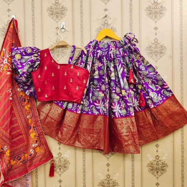 New Trending Zari Foil-Work Kalamkari Silk Stitched  Kids Girl Lahenga Choli  Girls Wear
