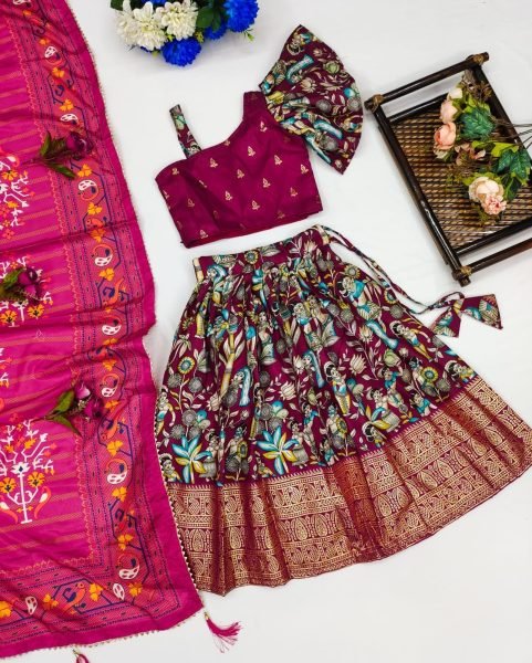 New Trending Zari Foil-Work Kalamkari Silk Stitched  Kids Girl Lahenga Choli  Girls Wear
