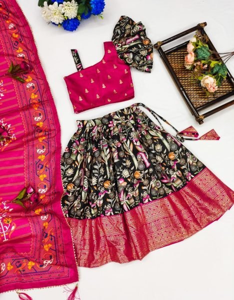 New Trending Zari Foil-Work Kalamkari Silk Stitched  Kids Girl Lahenga Choli  Girls Wear