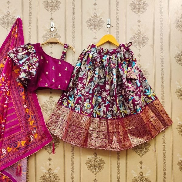 New Trending Zari Foil-Work Kalamkari Silk Stitched  Kids Girl Lahenga Choli  Girls Wear