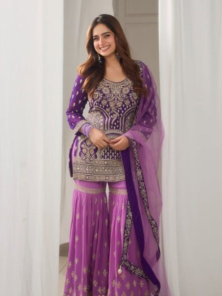 New Trendy Fox Georgette Embroidered Top, Palazzo & Dupatta Exclusive Designer Look for Women Wholesale Partywear from Surat Textile Export 
