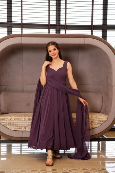 New Wine Colour Georgette Gown With Dupatta  Kurti With Dupatta Wholesale