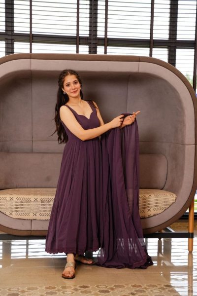 New Wine Colour Georgette Gown With Dupatta  Kurti With Dupatta Wholesale