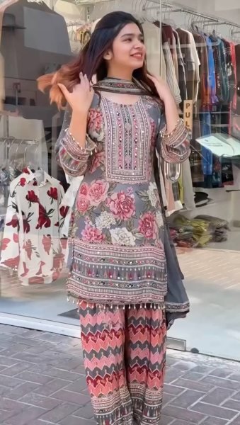 New womens wear Fancy printed Embroidered And Real Mirror Work Top And Pant With Printed Dupatta Kurta Set Sharara Set