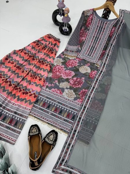 New womens wear Fancy printed Embroidered And Real Mirror Work Top And Pant With Printed Dupatta Kurta Set Sharara Set
