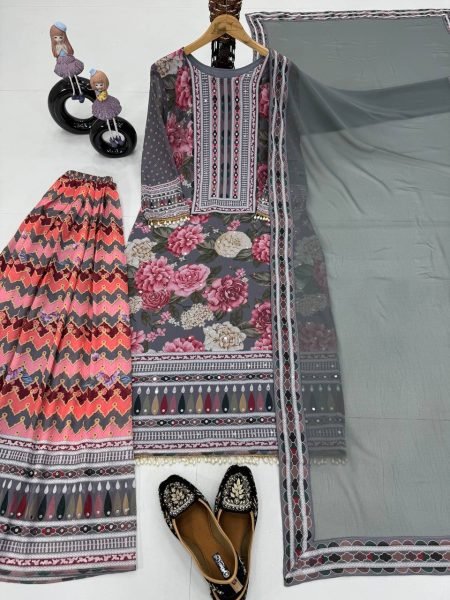 New womens wear Fancy printed Embroidered And Real Mirror Work Top And Pant With Printed Dupatta Kurta Set Sharara Set
