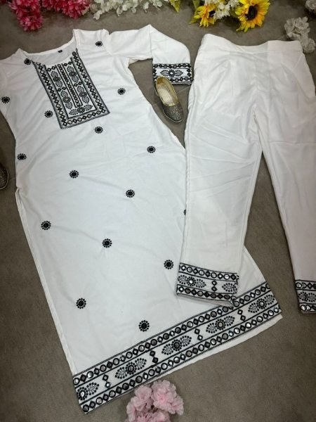 New Womens White Embroidered Kurti Pent Set  Kurti With Bottom Wholesale