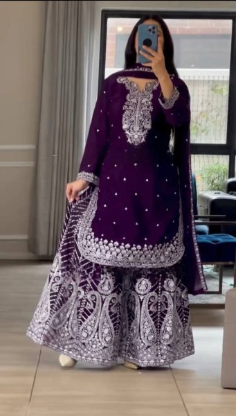 Noor E Nazaakat Wine Georgette Gharara Suit with Royal Hand Embroidery for Wedding Looks Ready To Wear Collection