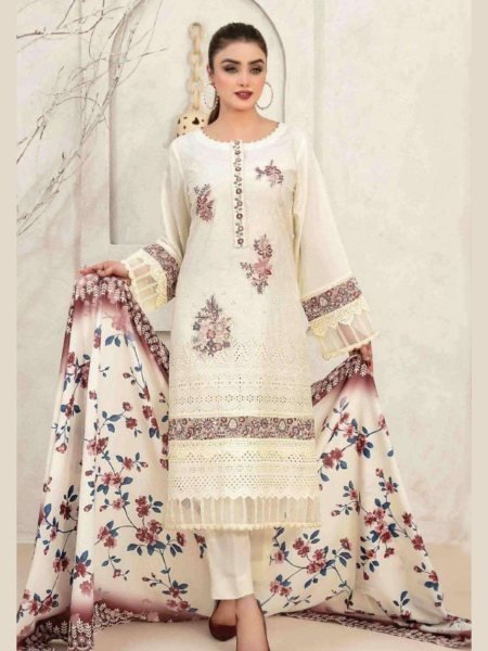 Noor Jahan White Pakistani Cotton Suit with Embroidery &  Printed Dupatta 